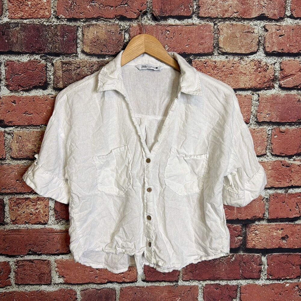 Zara Linen Blend Cropped Shirt in White Size Small Button